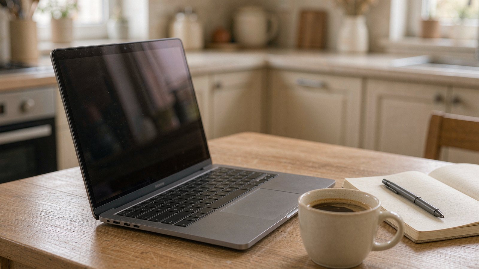 A laptop showing a blurred shopping page on a kitchen table beside a notepad, a pen and a cup of coffee in soft daylight