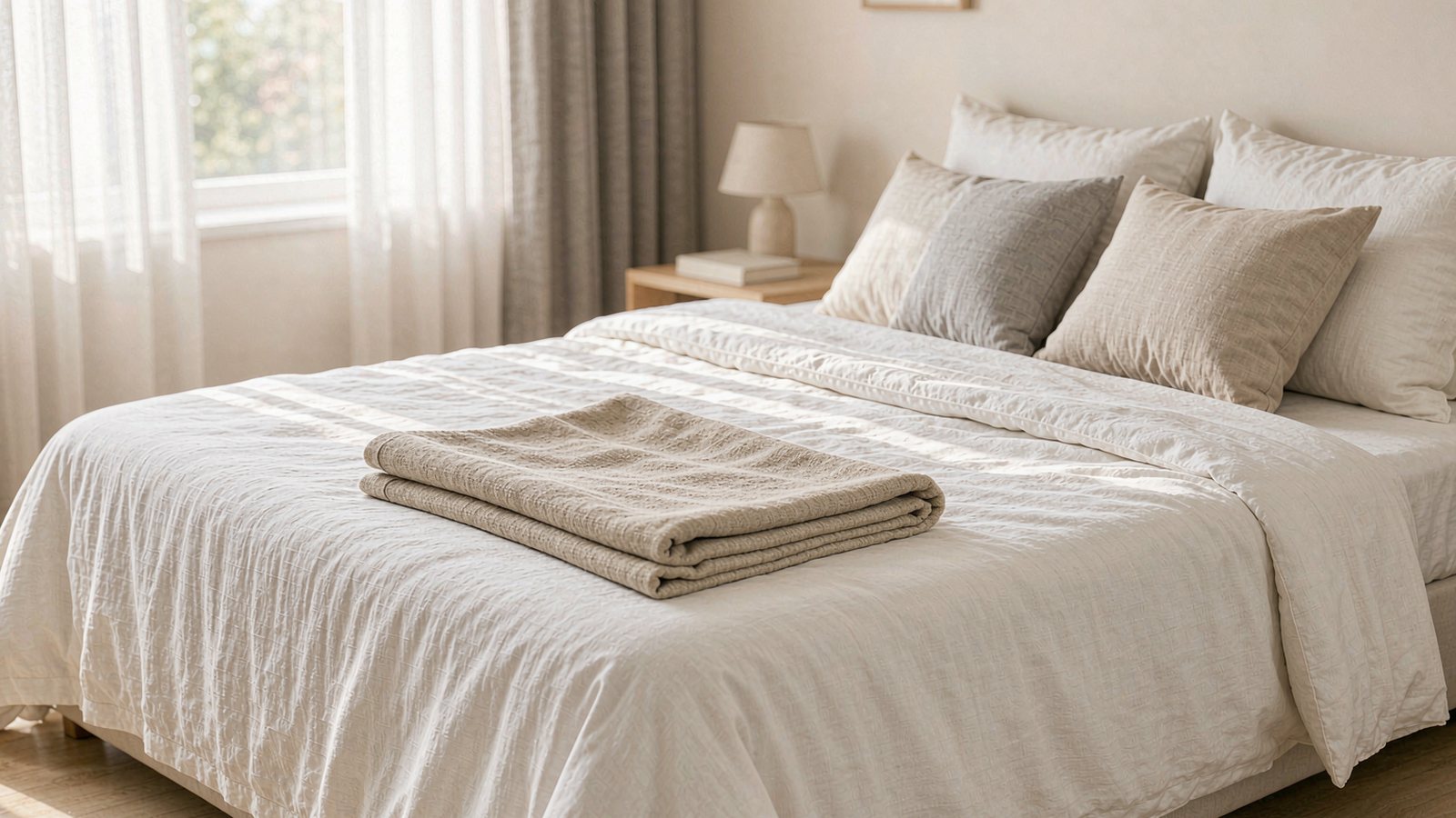 A neatly made bed with crisp white sheets and a folded throw in a bright minimal bedroom in soft morning light