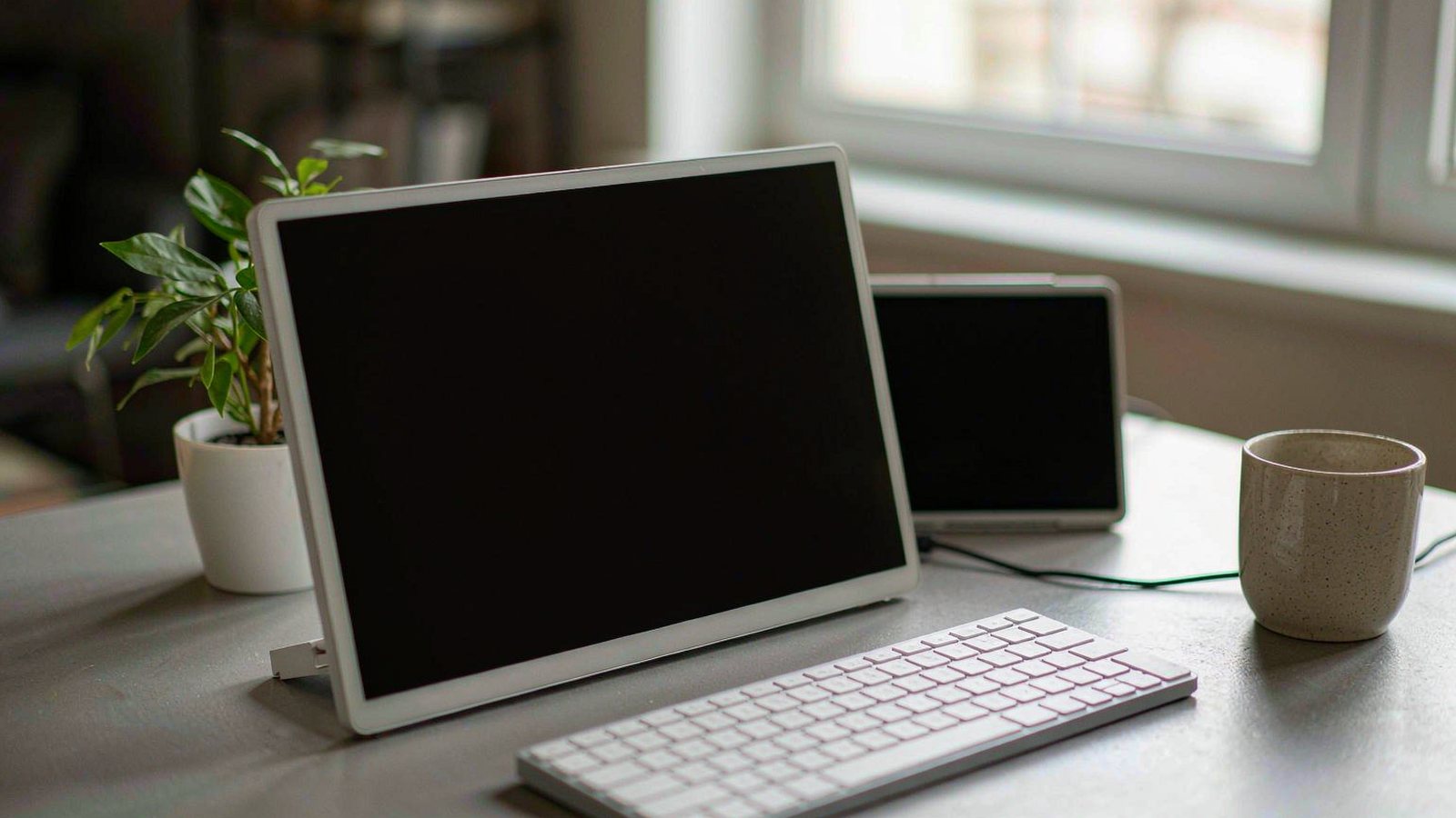 A clean home desk with an external monitor showing a plain grey background, a small plant and a notebook, lit by soft daylight