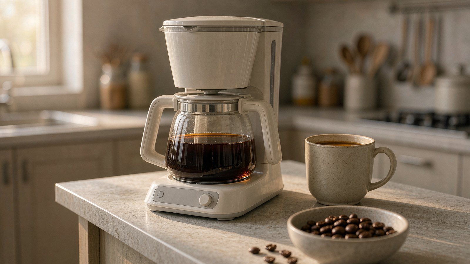 A compact drip coffee maker on a narrow kitchen counter beside a ceramic mug and a bowl of coffee beans in soft morning light