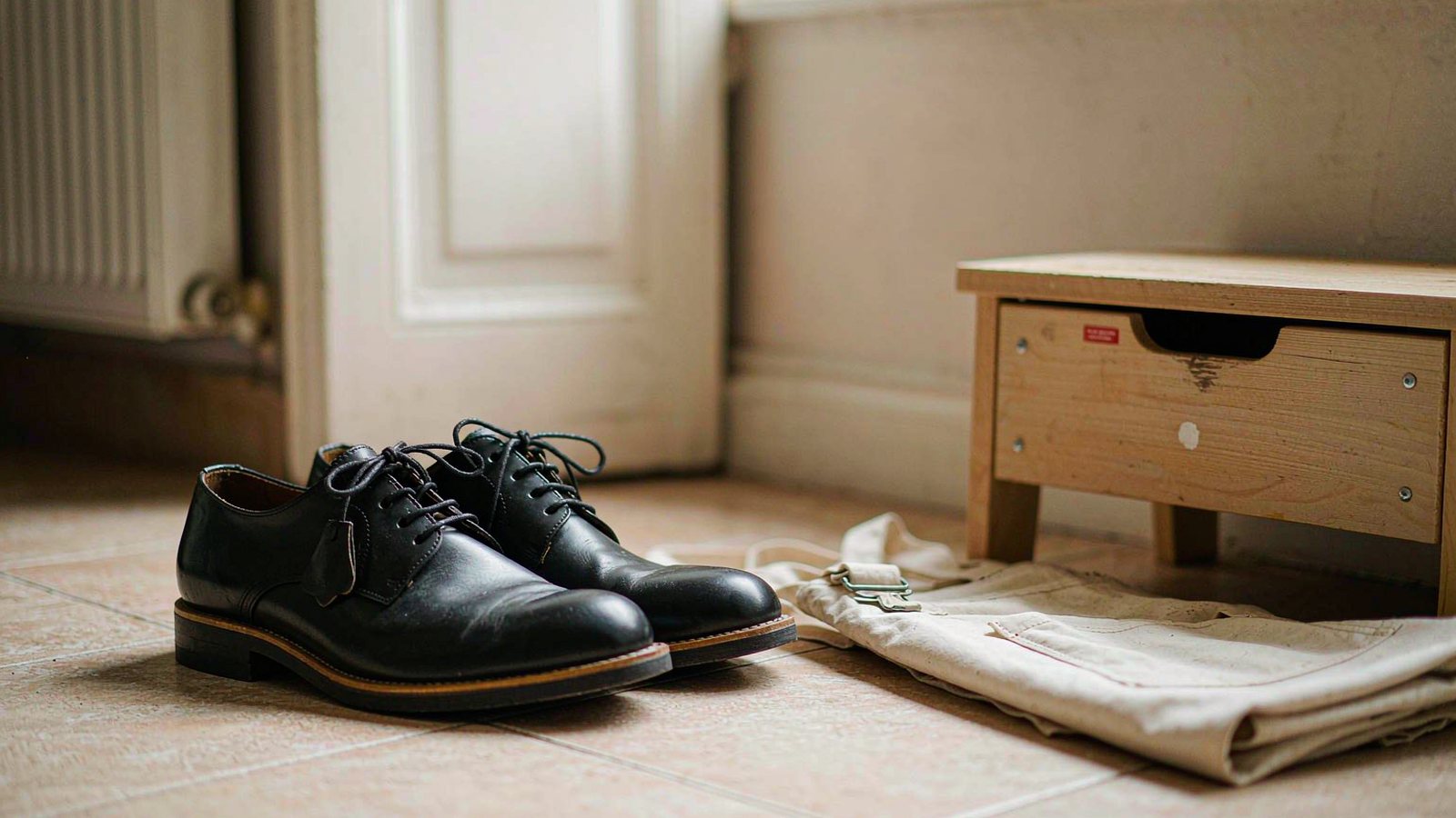 Supportive black leather work shoes on a tiled floor beside a folded apron, lit by soft indoor light.