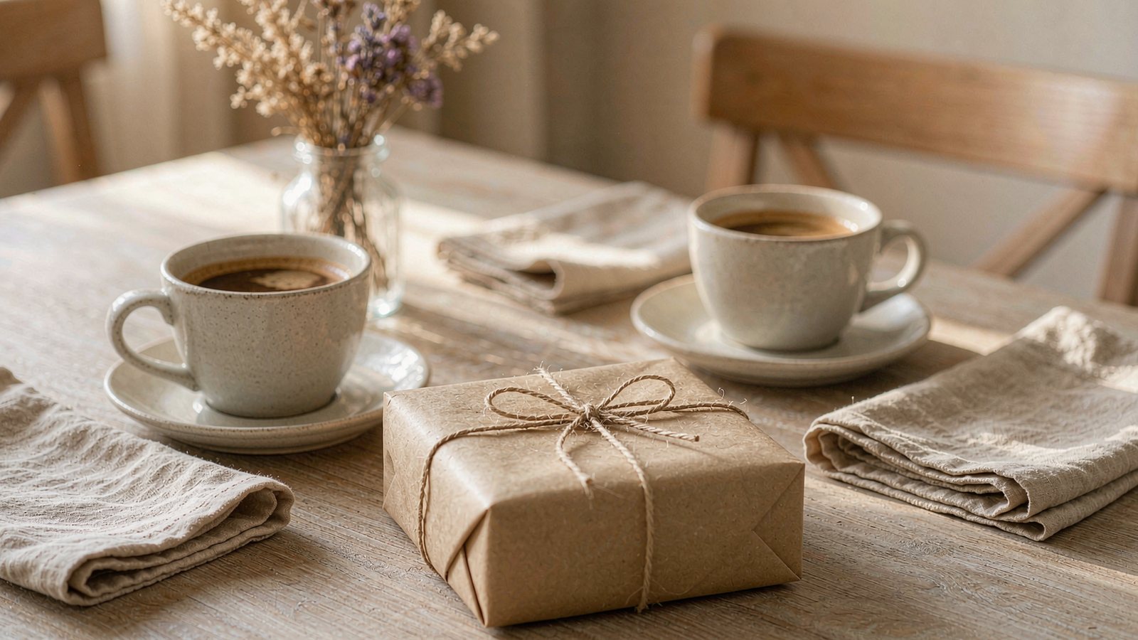 A simply wrapped gift on a dining table set with two coffee cups and linen napkins in warm afternoon light
