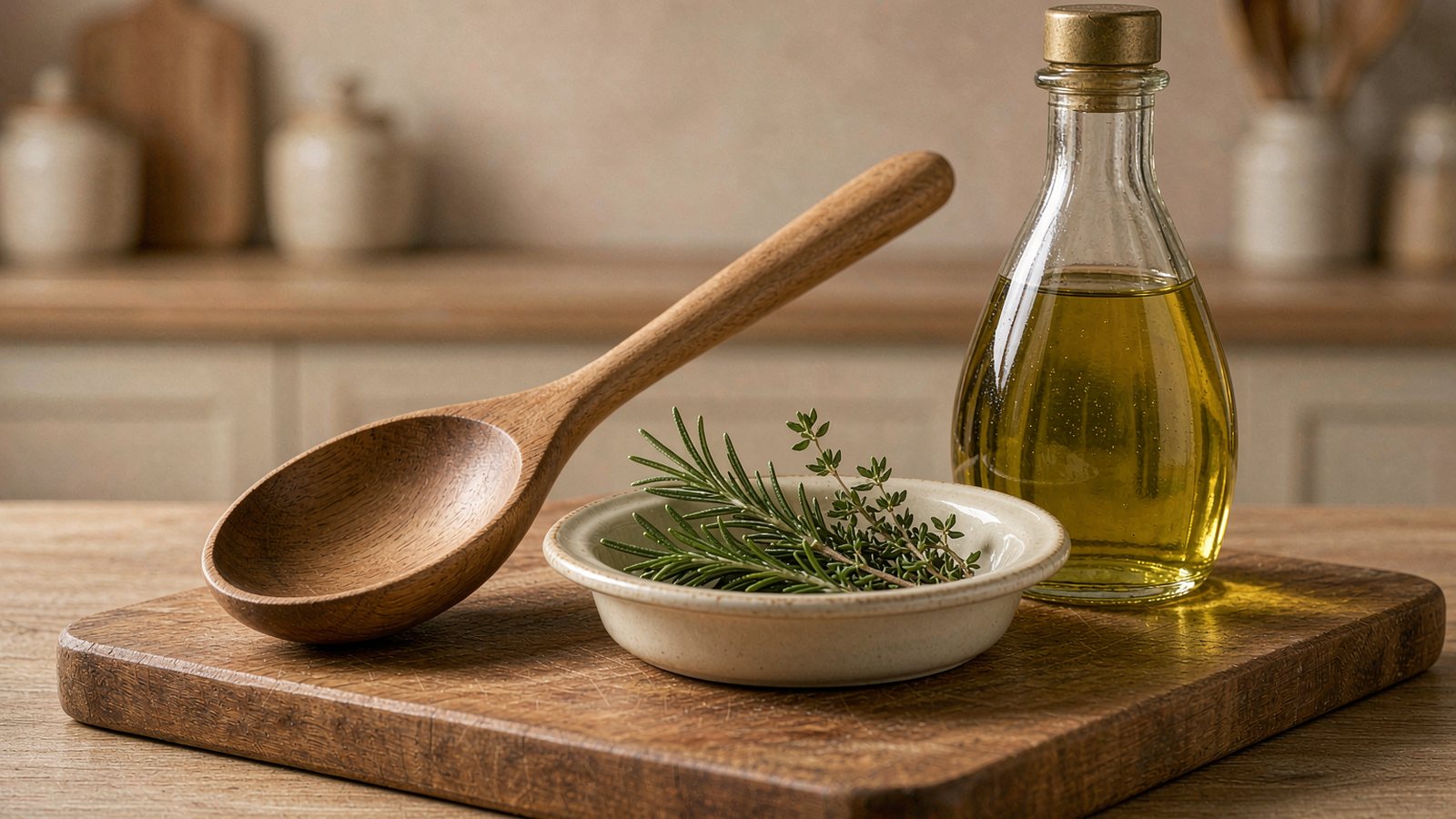 A collection of quality kitchen tools arranged on a wooden board with fresh herbs and a bottle of olive oil in warm kitchen light
