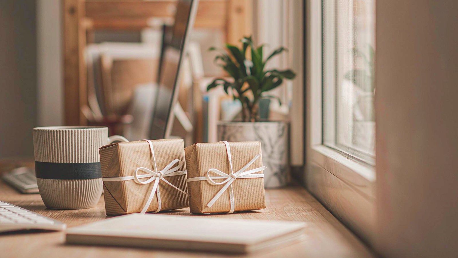Small neatly wrapped gifts and a ceramic mug arranged on a tidy office desk in soft window light