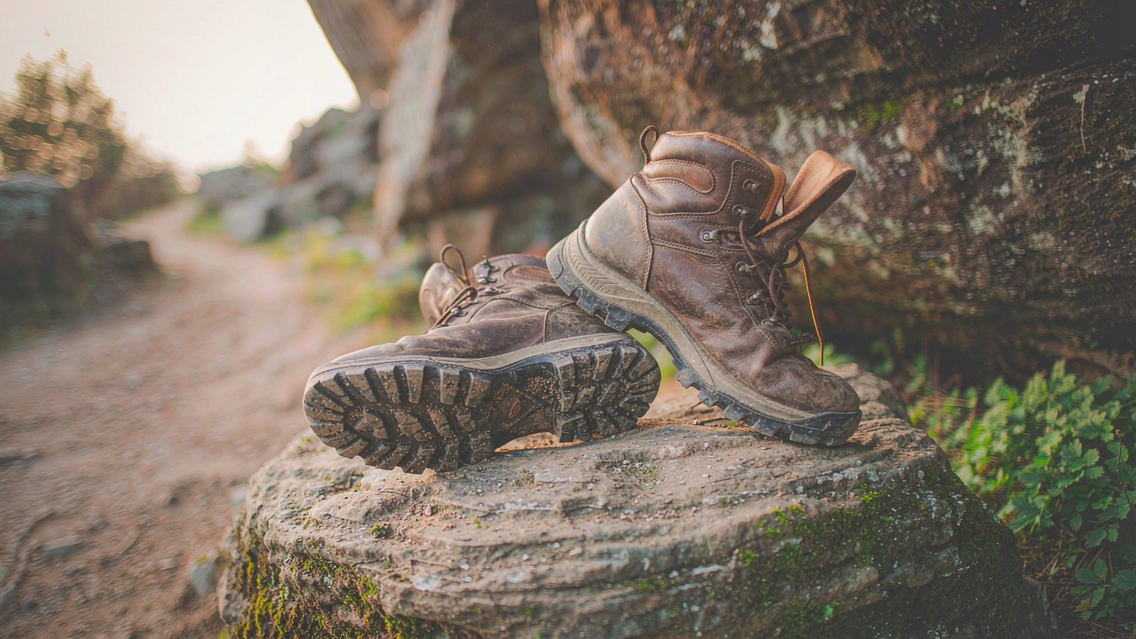 Worn leather hiking boots standing on a mossy rock with a mountain trail blurred in the background under cool morning light.