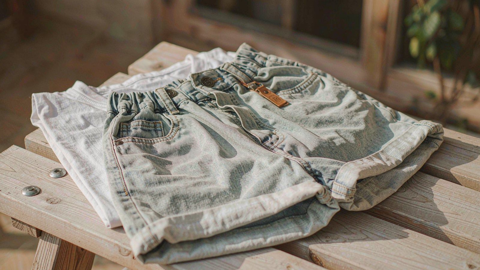Baggy denim shorts laid on a wooden bench beside a plain t-shirt in warm summer light