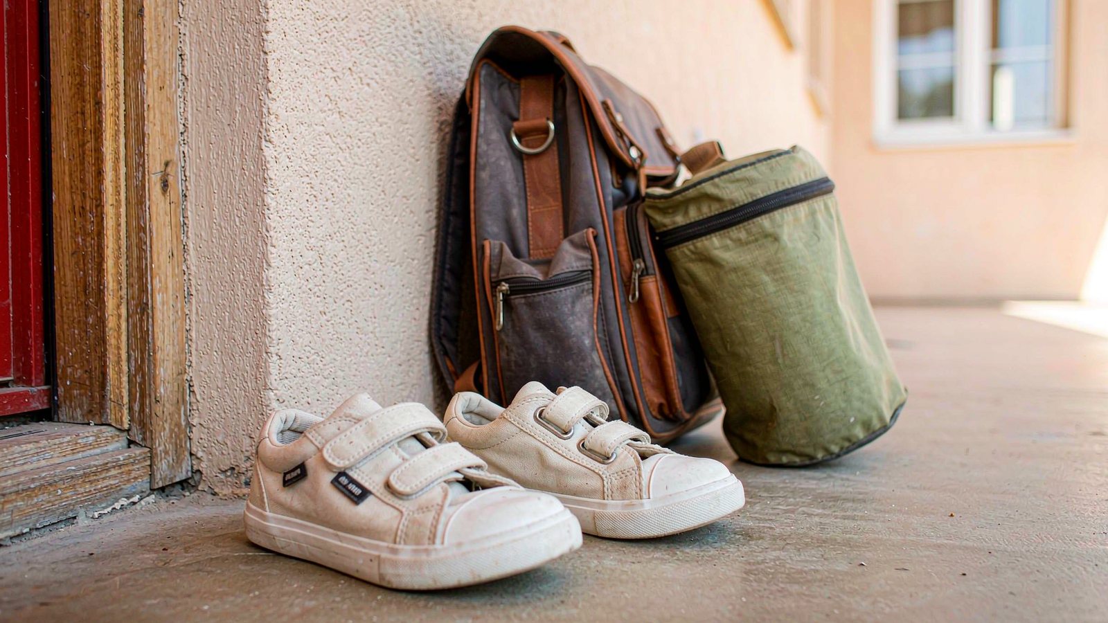 Small scuffed kids' sneakers by a front door beside a school backpack, photographed in warm daylight.