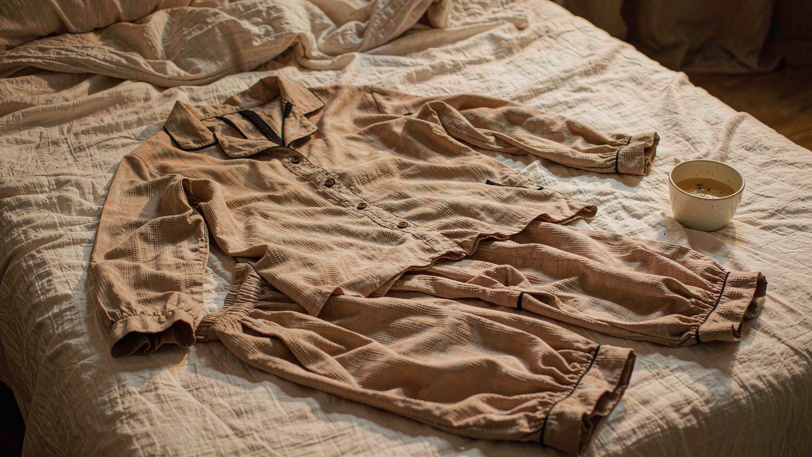 A soft neutral loungewear set laid out on a bed with linen sheets beside a ceramic mug of tea in warm morning light
