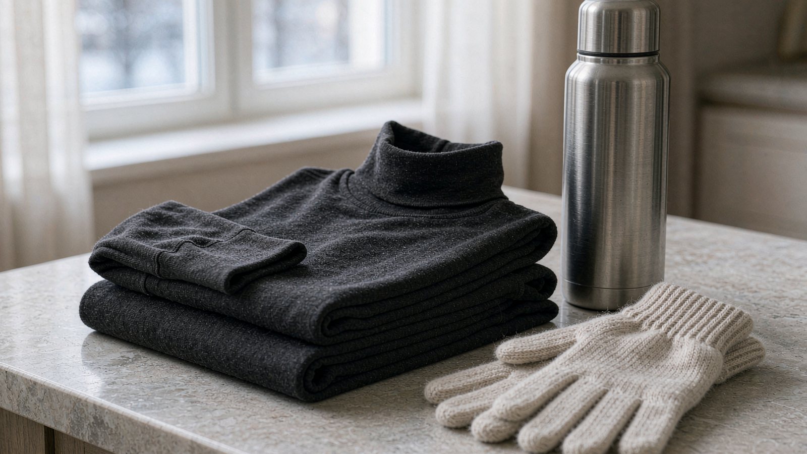 A folded charcoal merino wool base layer resting on a stone surface beside a steel thermos and a pair of knit gloves in cool winter light