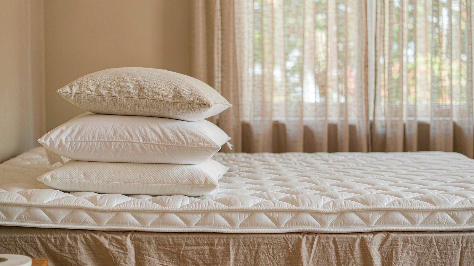 Two stacked pillows on a linen bed with soft shadows in a calm neutral bedroom under warm daylight