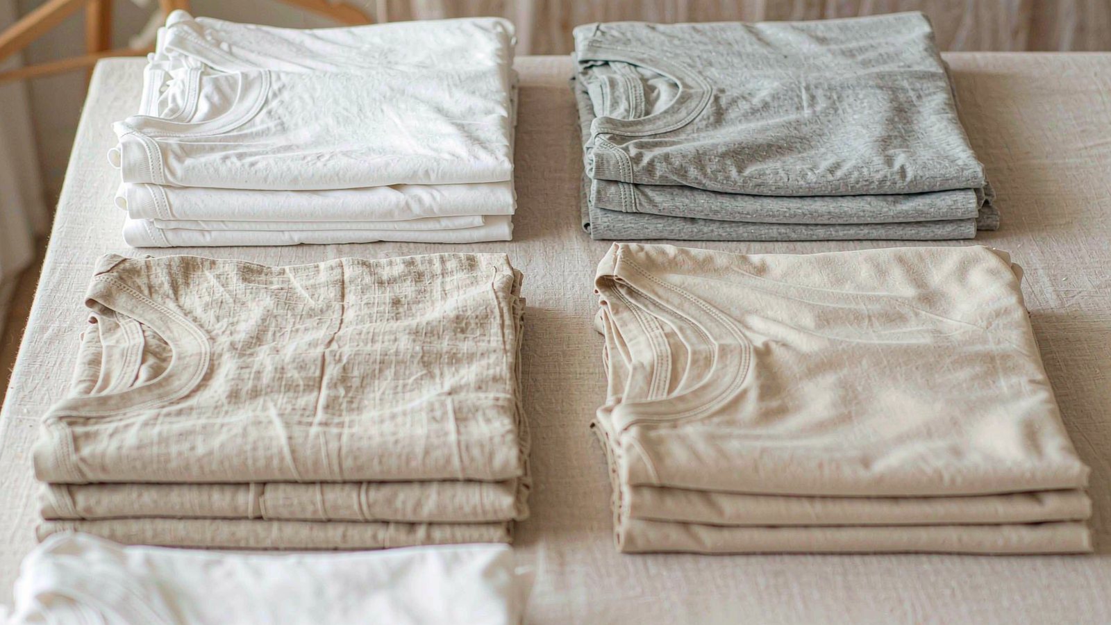Neutral basics in several sizes folded into neat stacks on a light linen surface in soft daylight