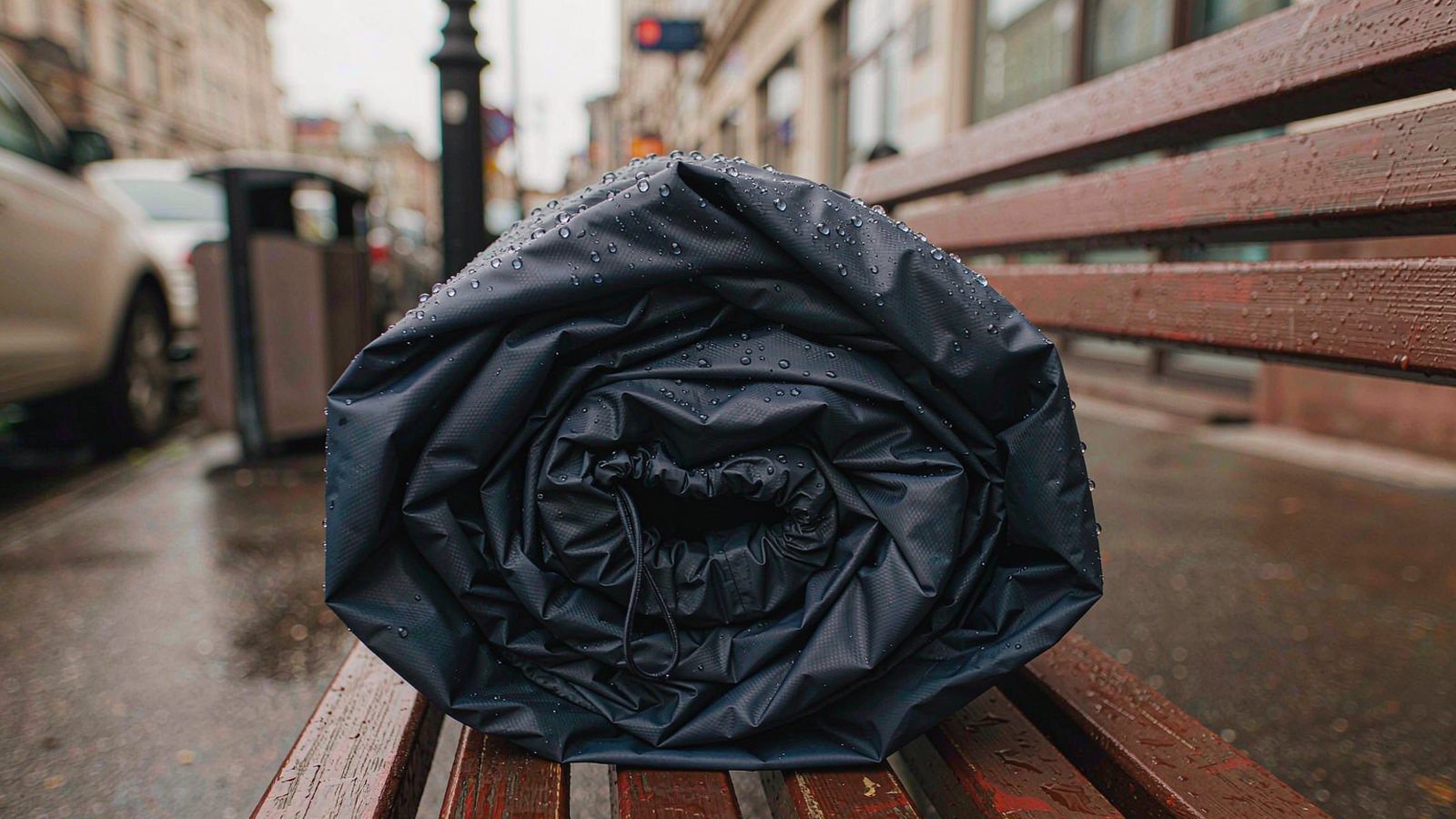 A rolled-up rain jacket with water beading on the fabric resting on a city bench with wet pavement blurred behind in overcast light