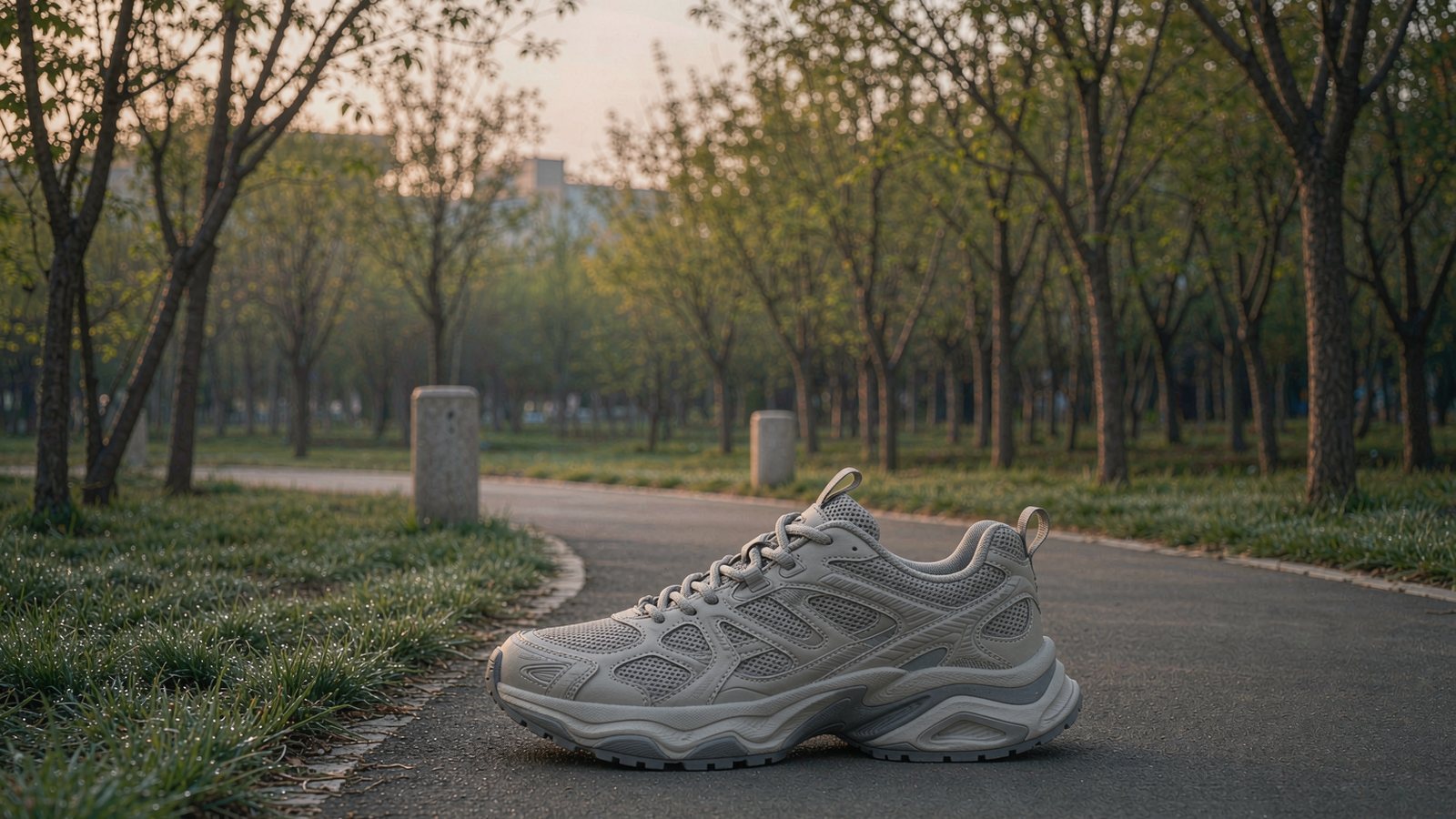 A neutral running shoe resting on a park path with dew on the grass and trees blurred in the background, shot in soft early morning light.