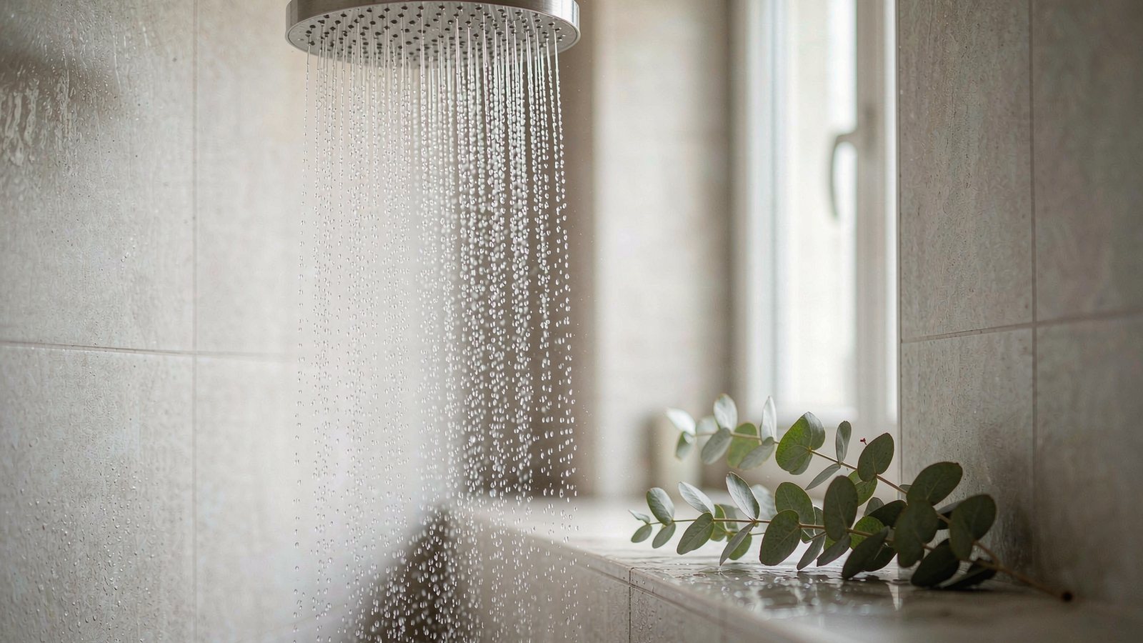 A modern rainfall shower head in a bright tiled bathroom with water droplets and a sprig of eucalyptus nearby
