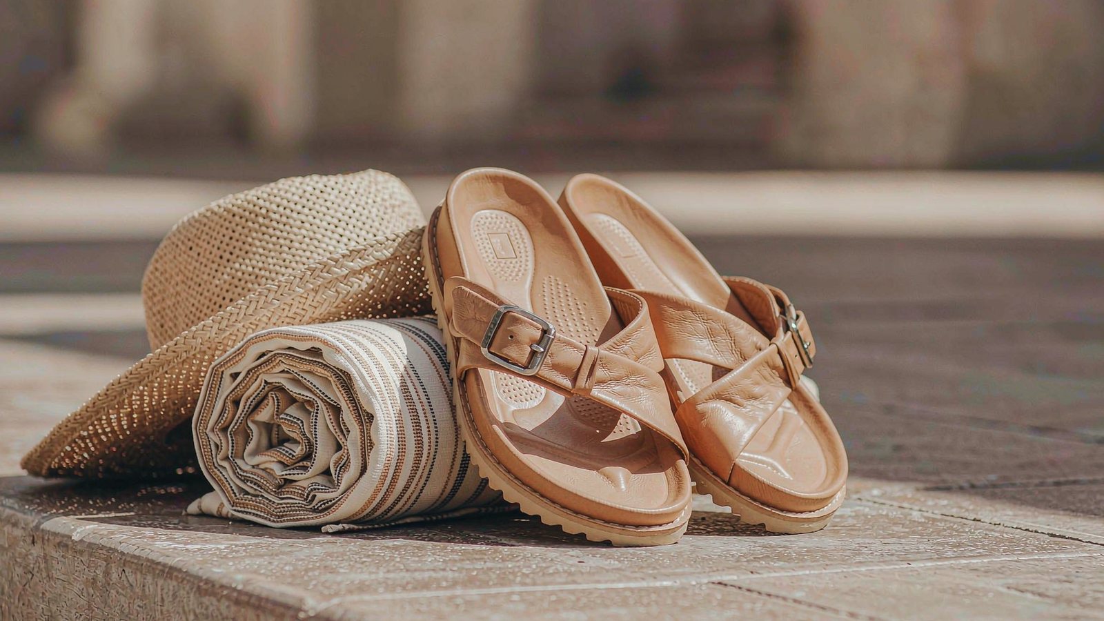 Simple leather sandals resting on warm stone steps beside a straw hat and a folded towel in bright summer light.