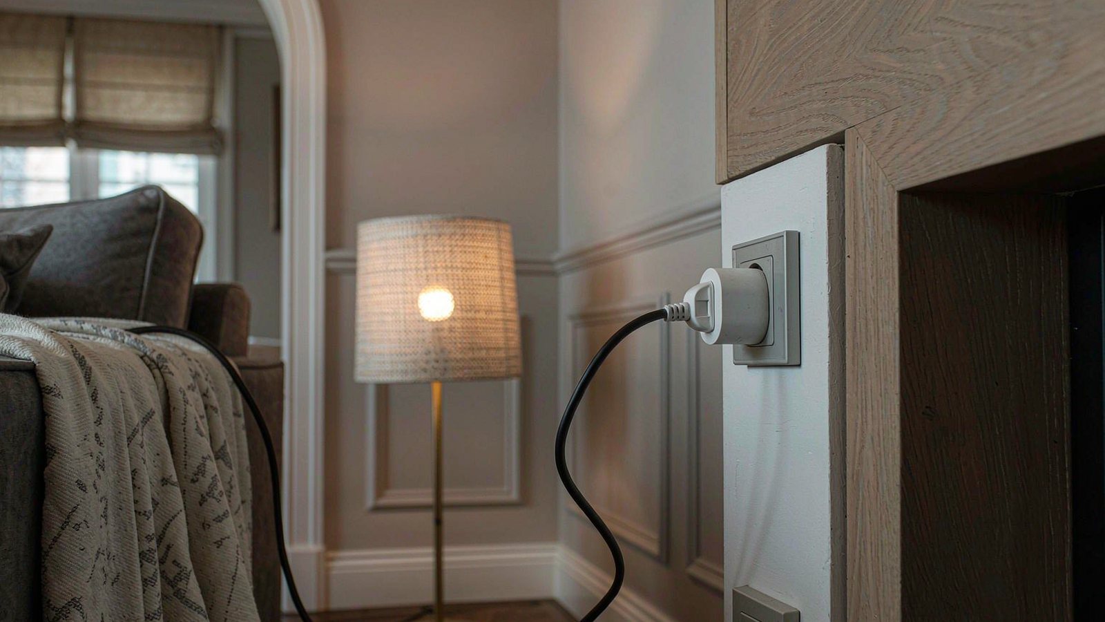 A plain white smart plug in a wall socket with a table lamp glowing warmly in a cosy living room corner in the evening