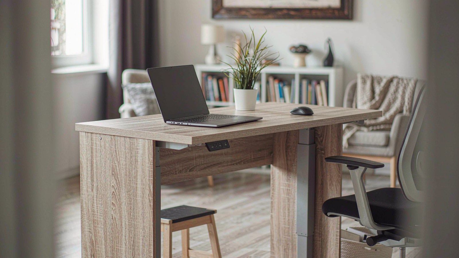 A height-adjustable wooden standing desk in a compact bright home office with a plant and a chair tucked underneath