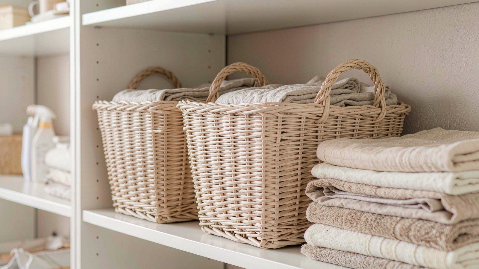 Woven storage baskets on open white shelving in a tidy utility room with folded towels in soft daylight