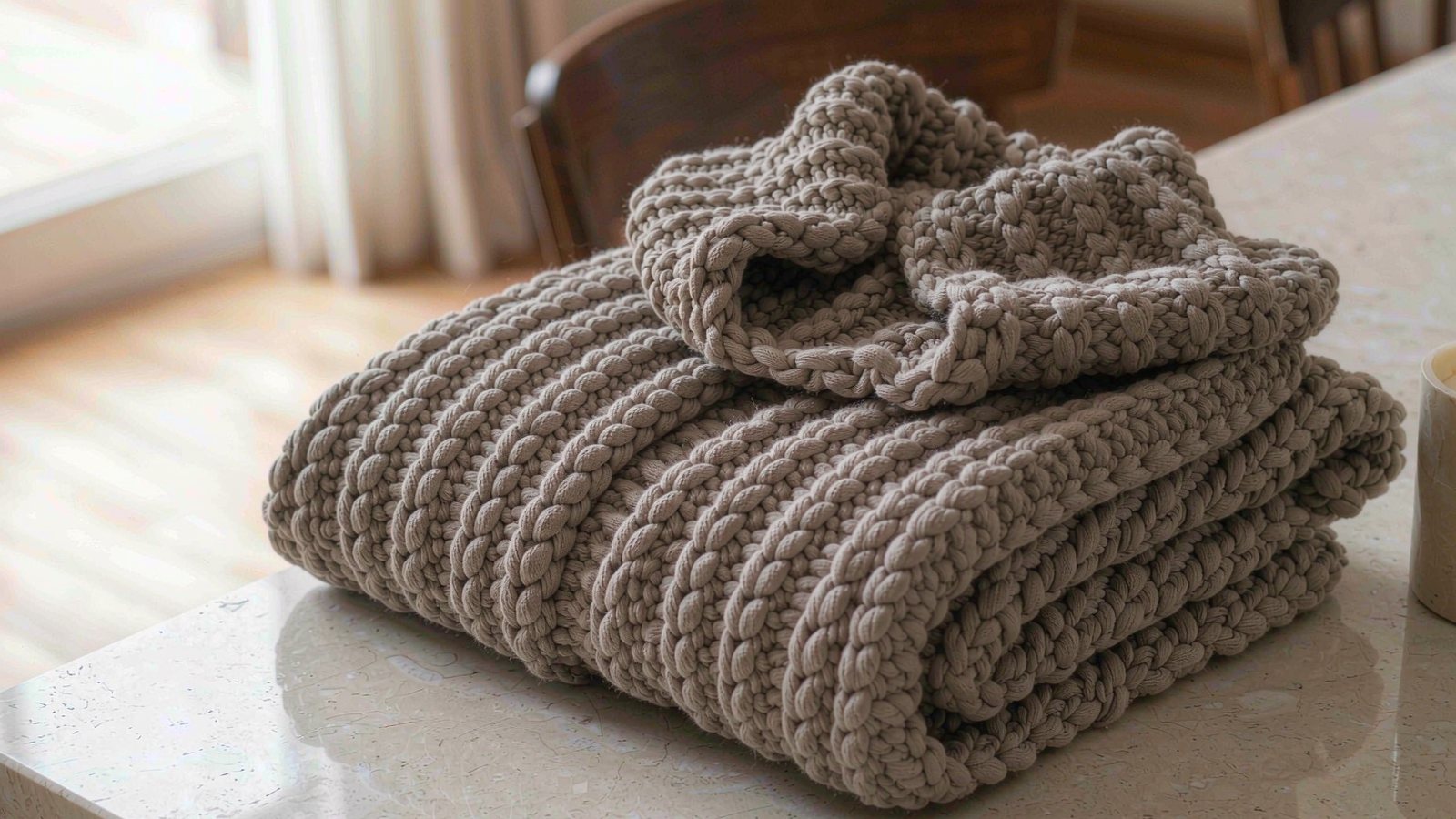 A folded oatmeal knit sweater resting on a pale stone counter with a soft shadow in natural window light