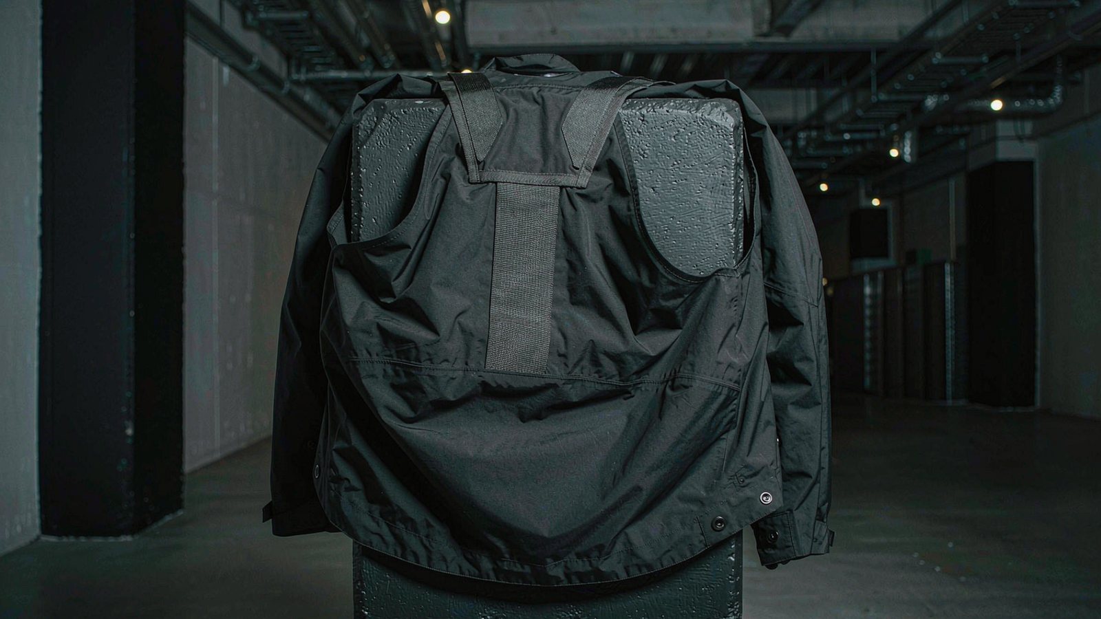 A matte black technical jacket with taped seams draped over a concrete block in moody urban light