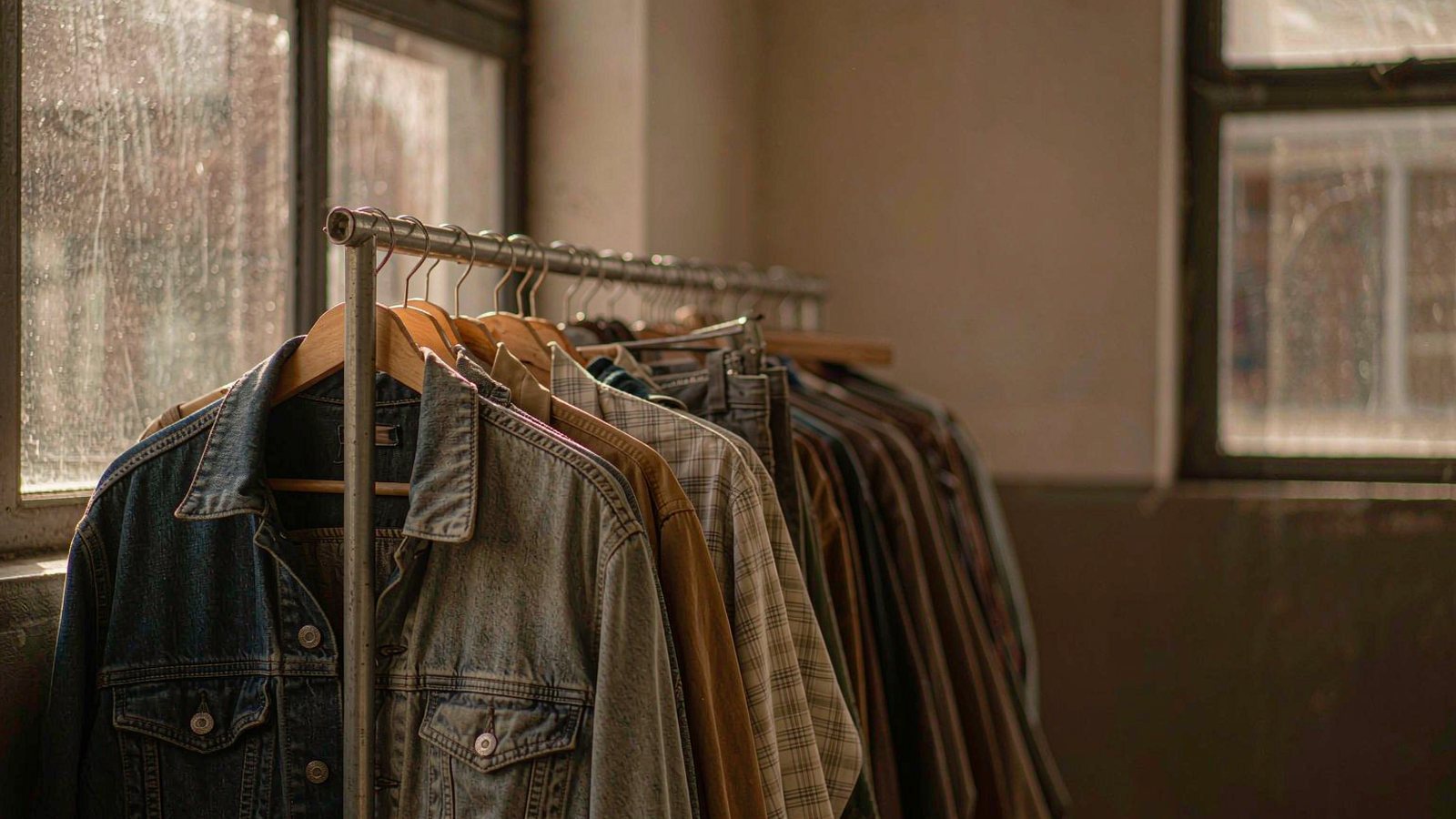 A rack of vintage denim jackets in a thrift store with warm afternoon light coming through dusty windows