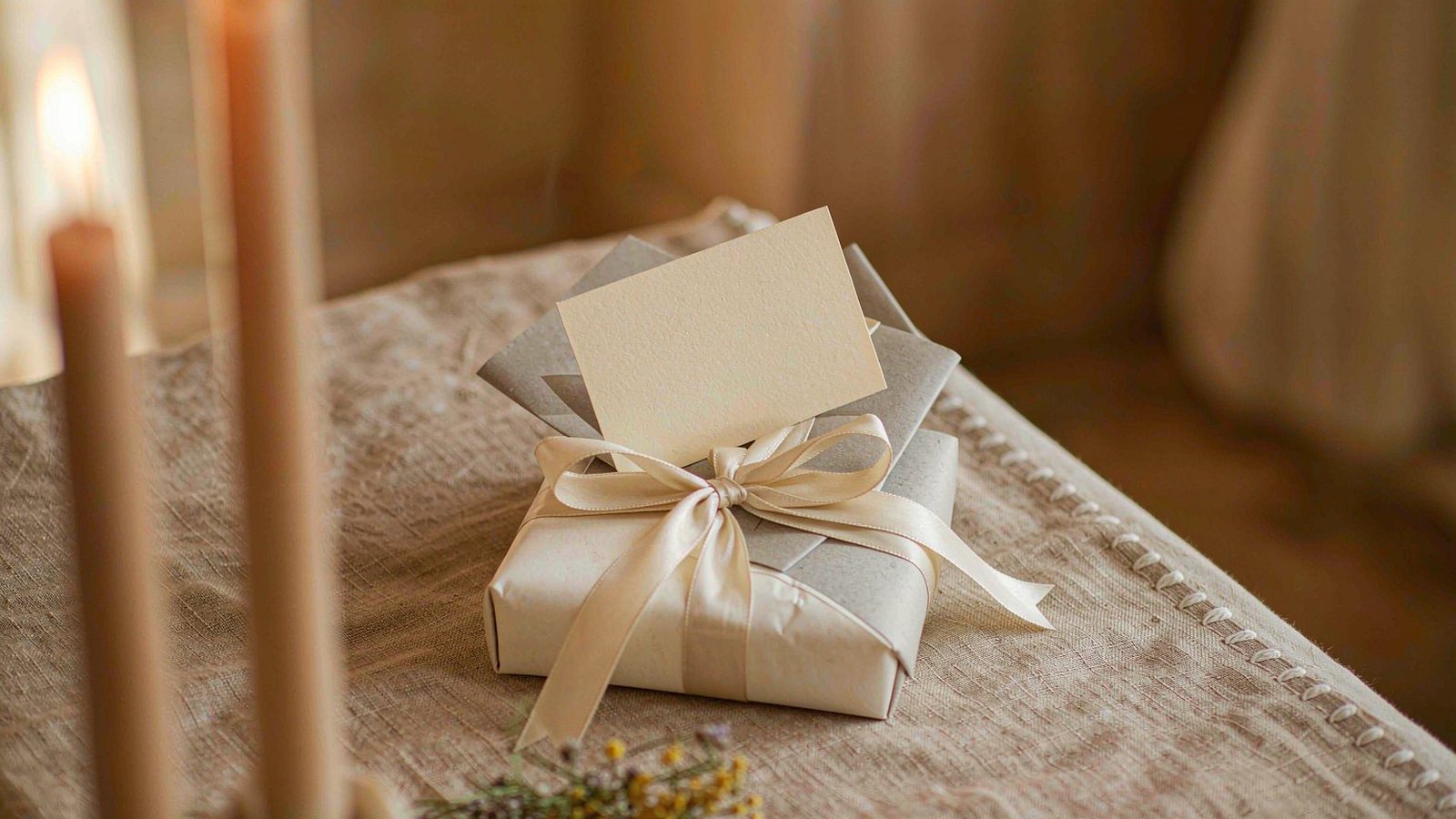 A small wrapped gift with a handwritten card on a linen-covered table beside two lit candles in warm evening light