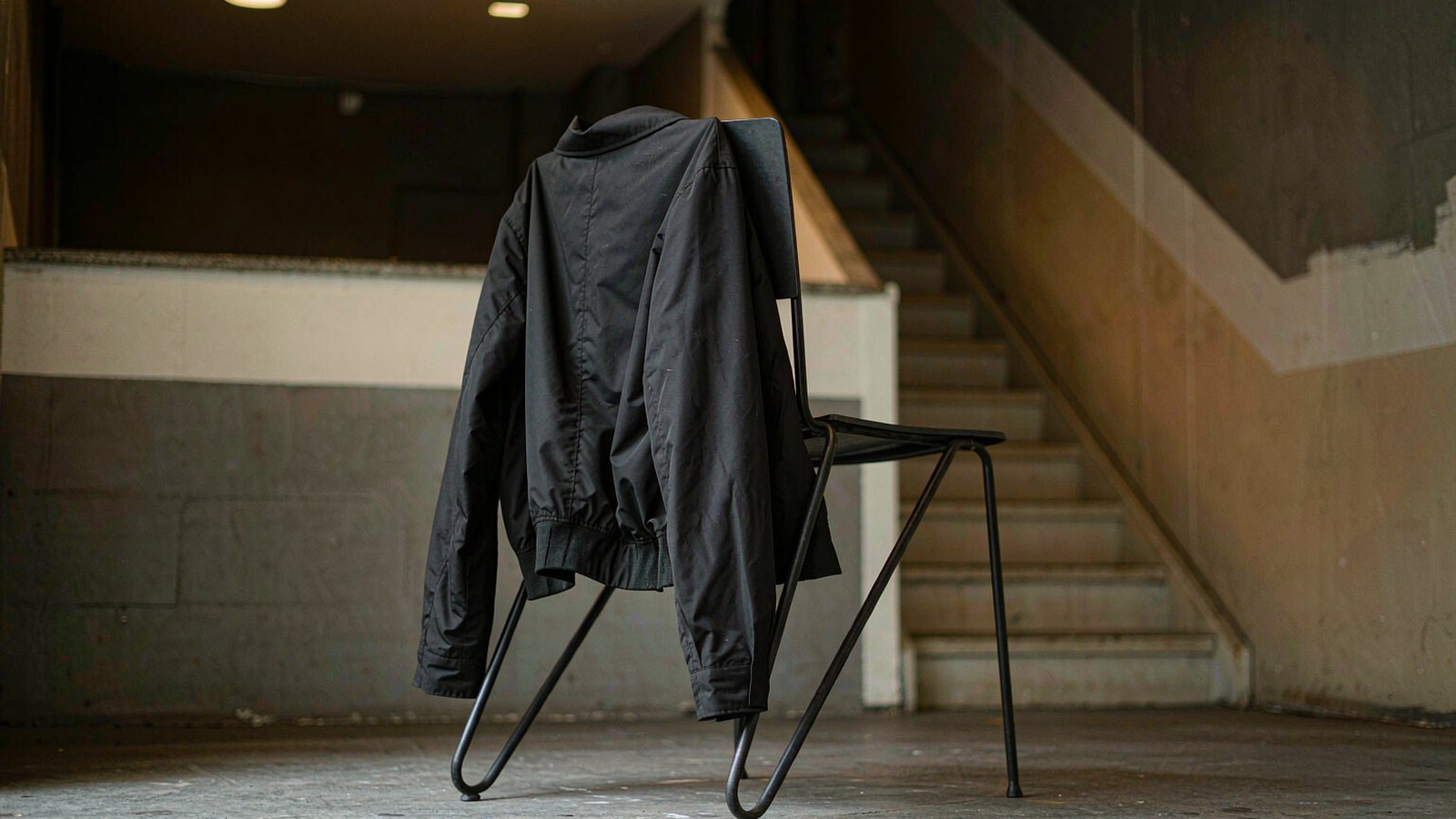A dark bomber jacket draped over a metal chair in a half-painted stairwell with city light coming through a window