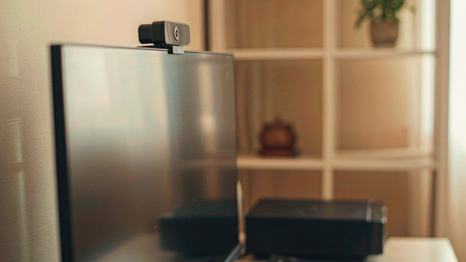 A small black webcam clipped to a monitor in a softly lit home office with bookshelves blurred in the background