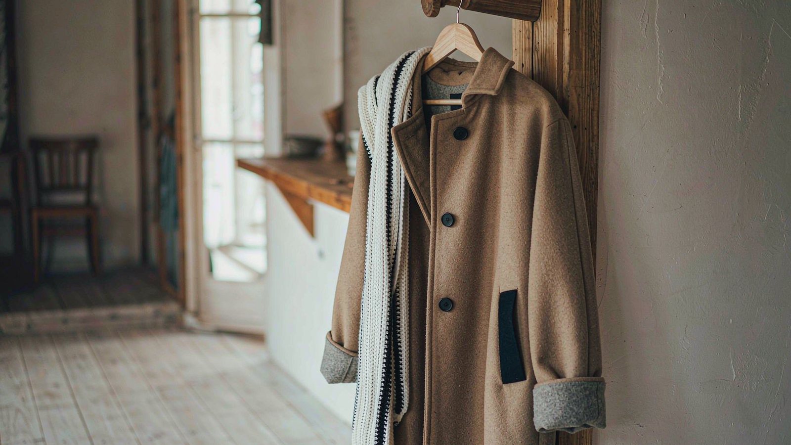 A long wool winter coat hanging on a wooden peg in a hallway beside a folded scarf in soft daylight from a doorway