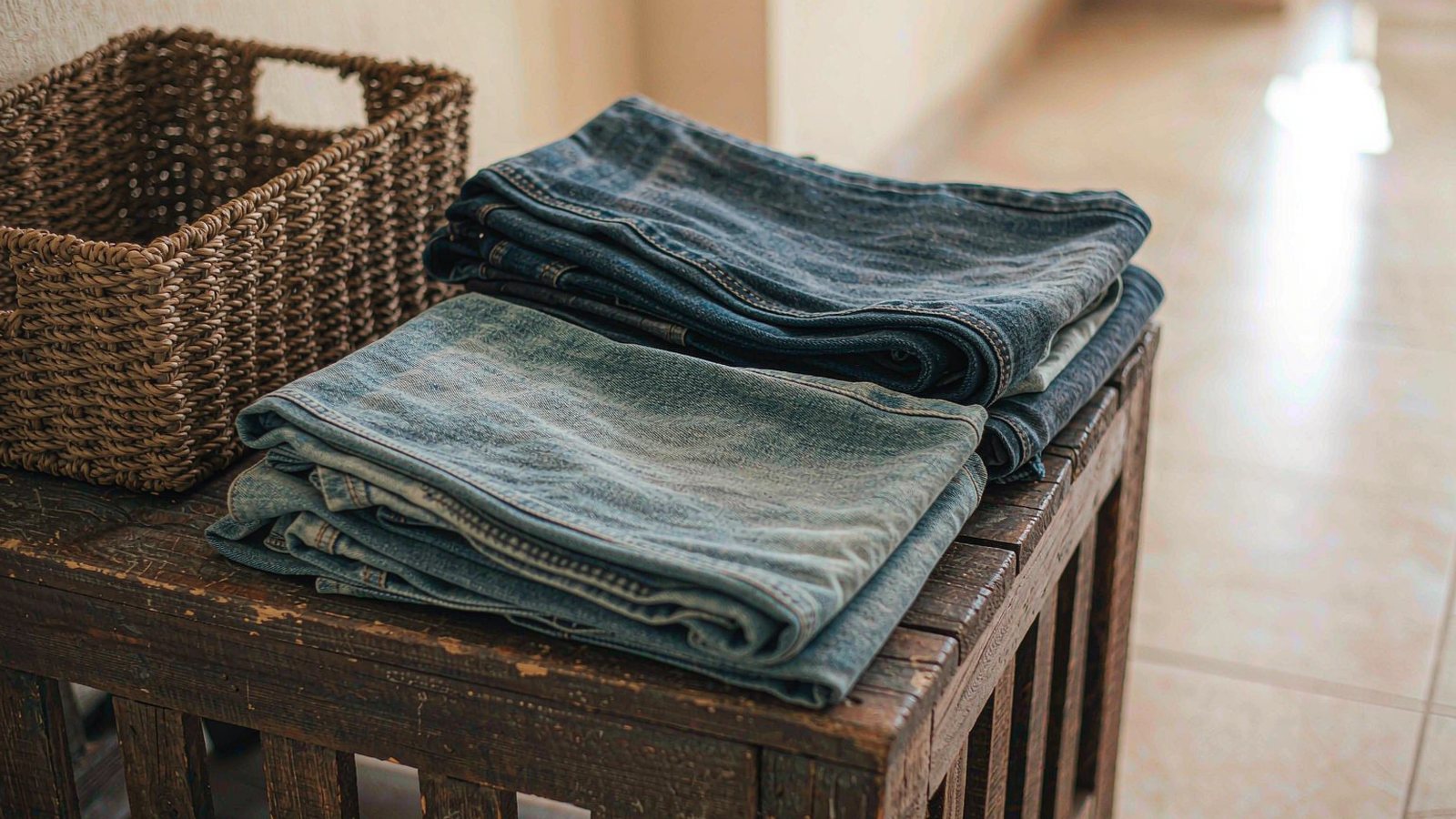 Folded denim jeans in several washes stacked on a wooden bench beside a woven basket in warm daylight
